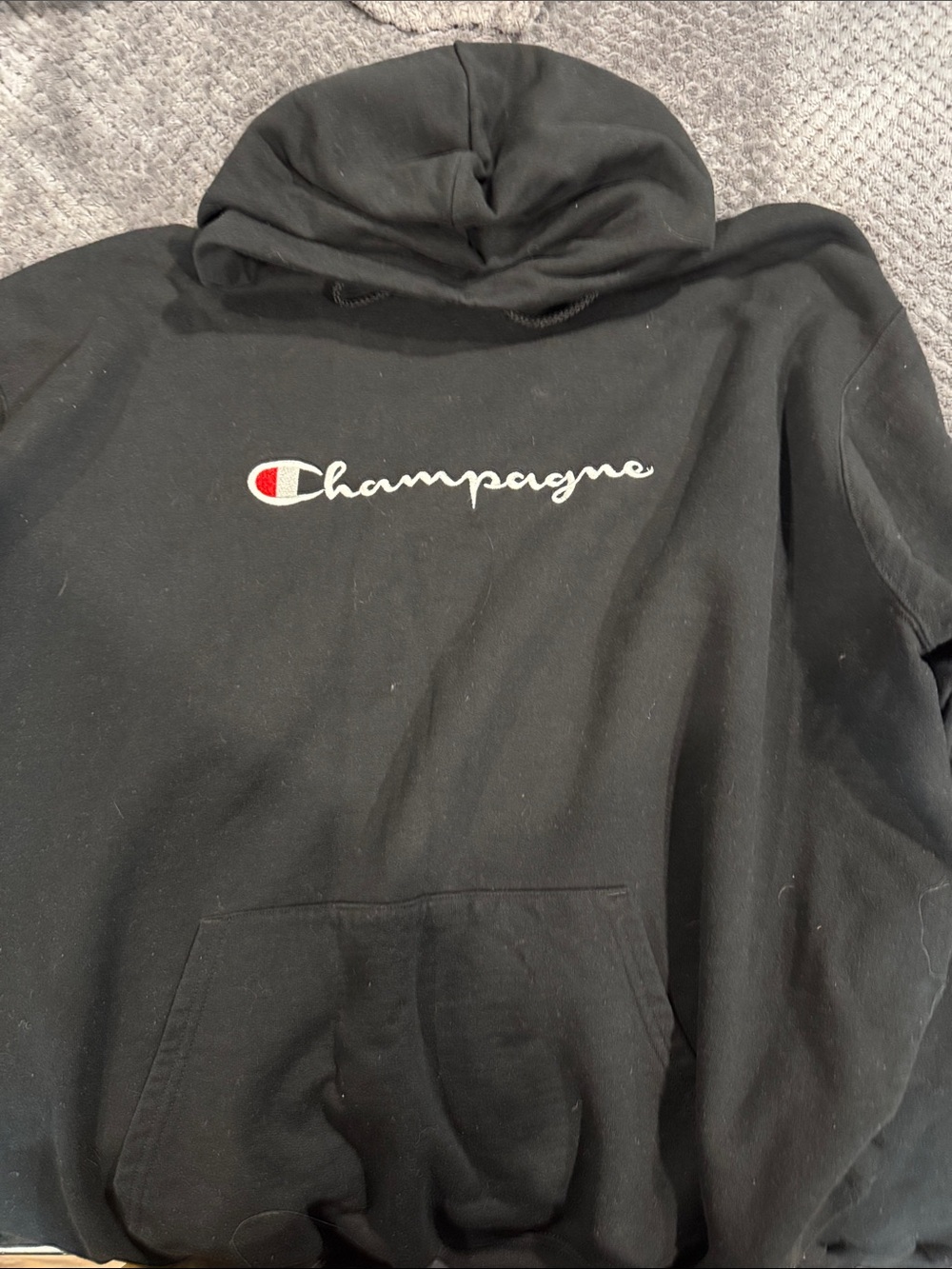 Champagne Black Crewneck Hoodie with White Script and Red Accent